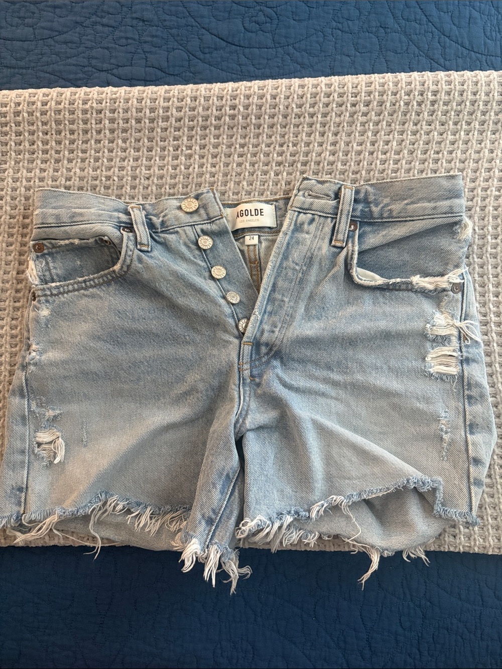 Agolde Light Wash Distressed Denim Shorts
